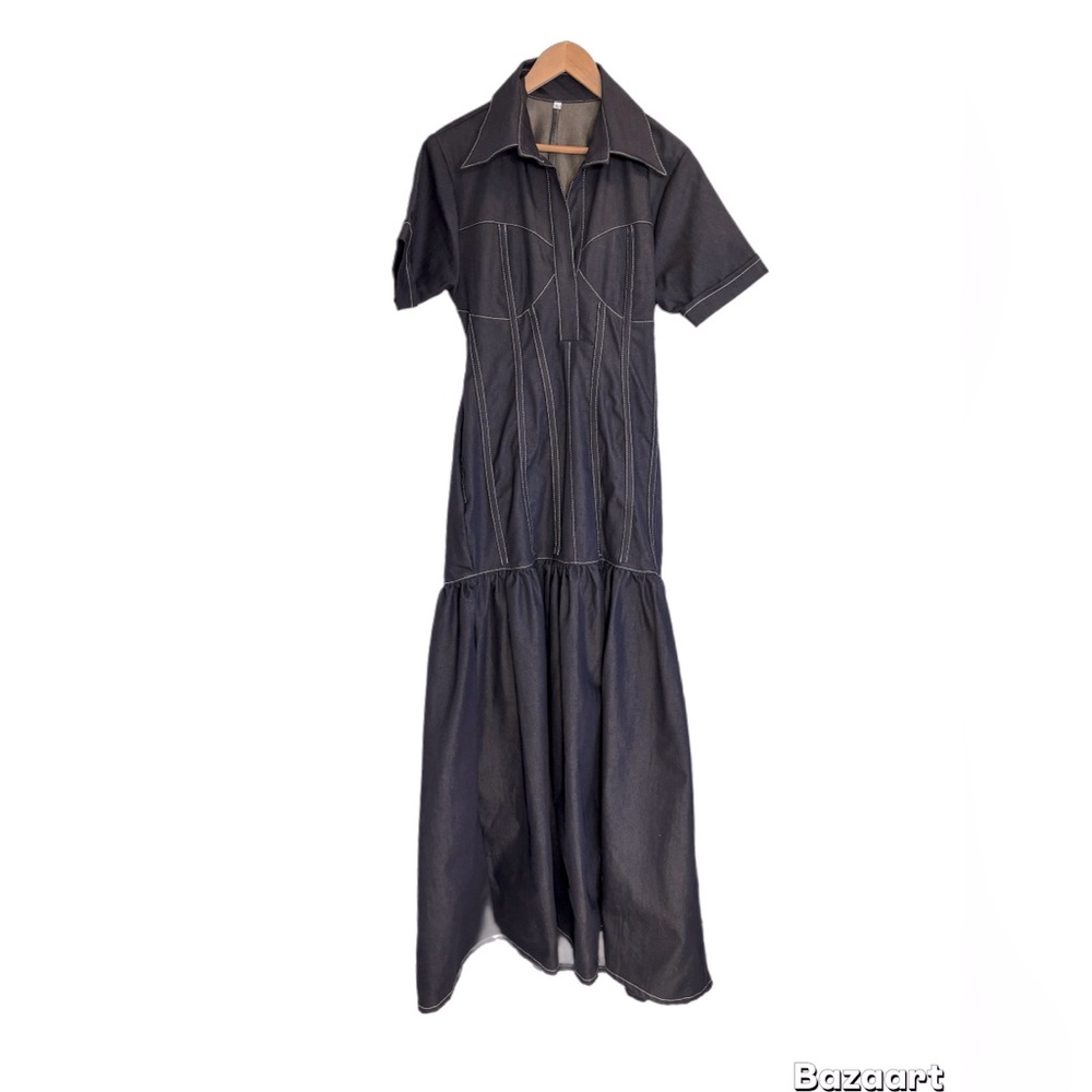 Unique Structured Denim Short Sleeve Collared Maxi Dress